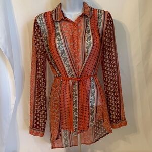 Free People Woman’s Size XS Sheer Long Sleeve Top Button Front Pattern Blouse